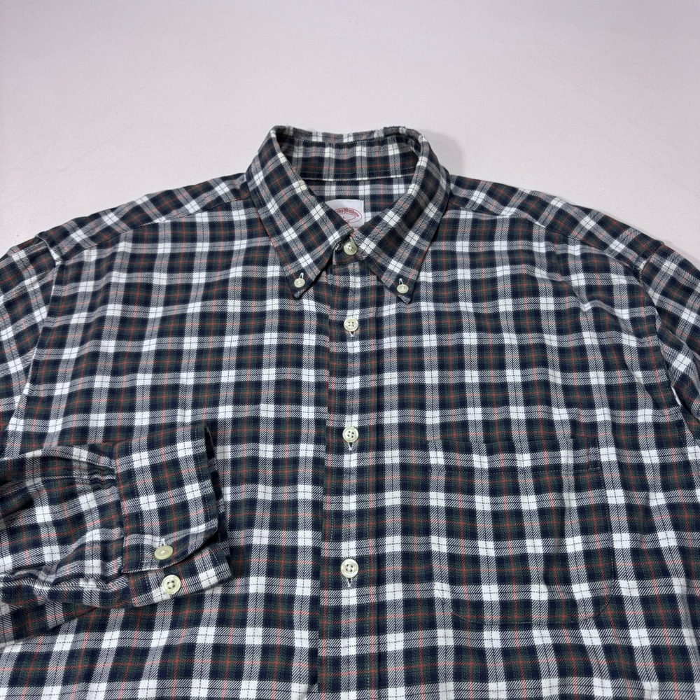 Brooks Brothers 346 Mens Large Flannel Plaid Button Down Shirt Cotton Navy Green